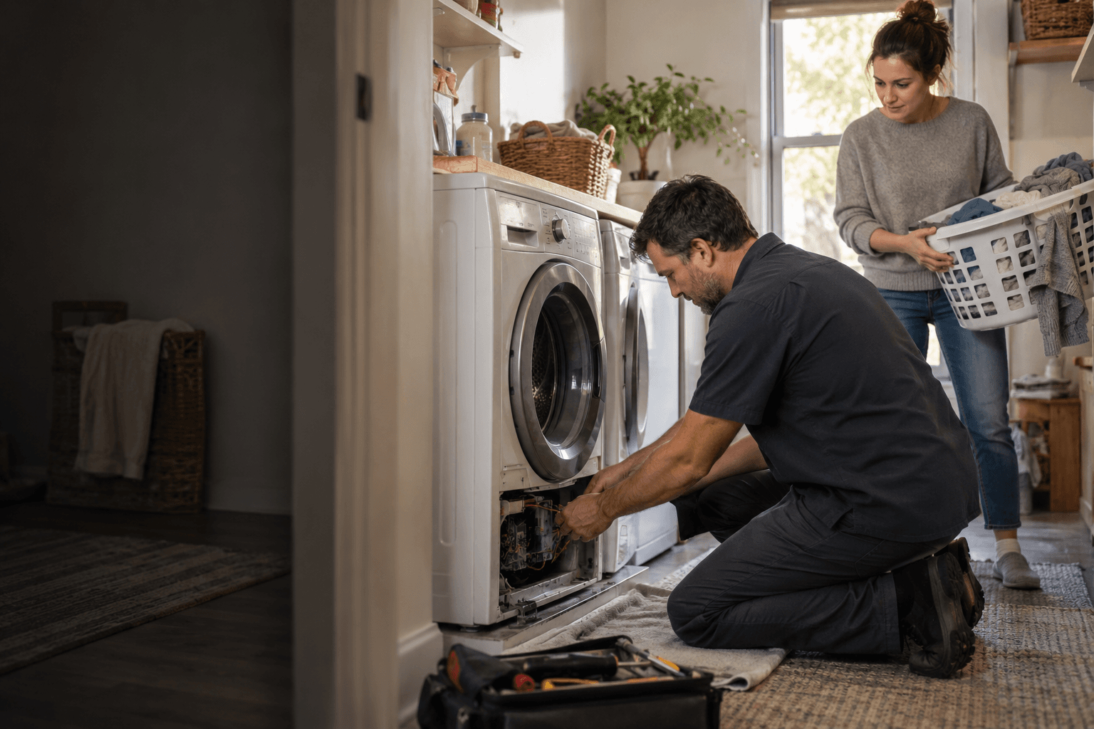 A technician repairs a front-loading washing machine