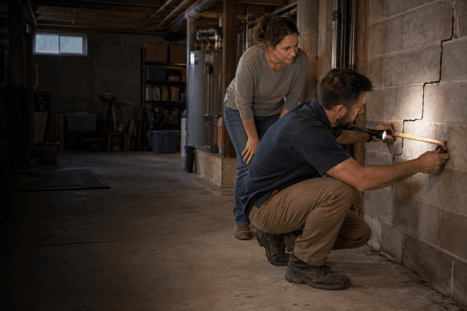 A specialist measures a stair-step crack in a basement block wall