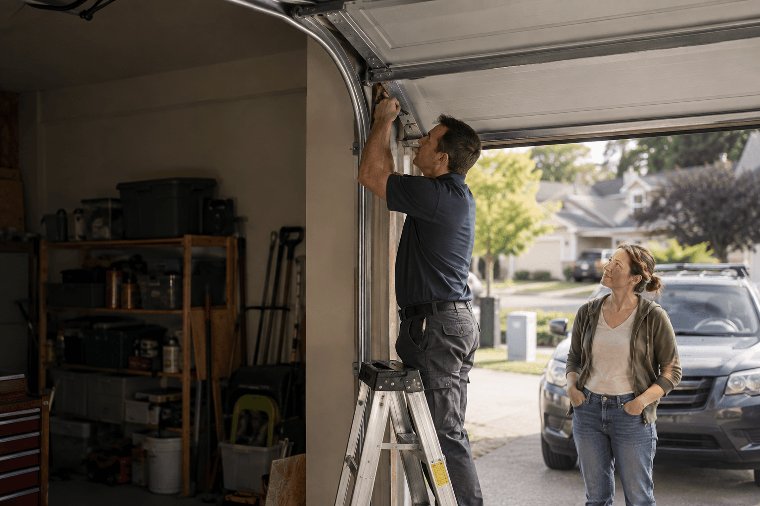 A technician on a ladder adjusts a garage door track as the homeowner watches from the driveway