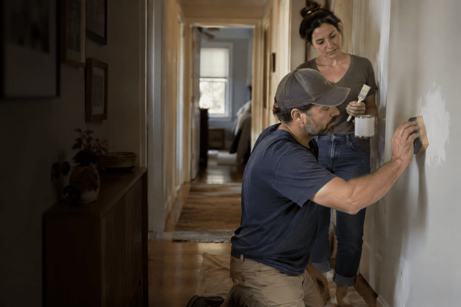 A handyman sands a drywall patch in a hallway