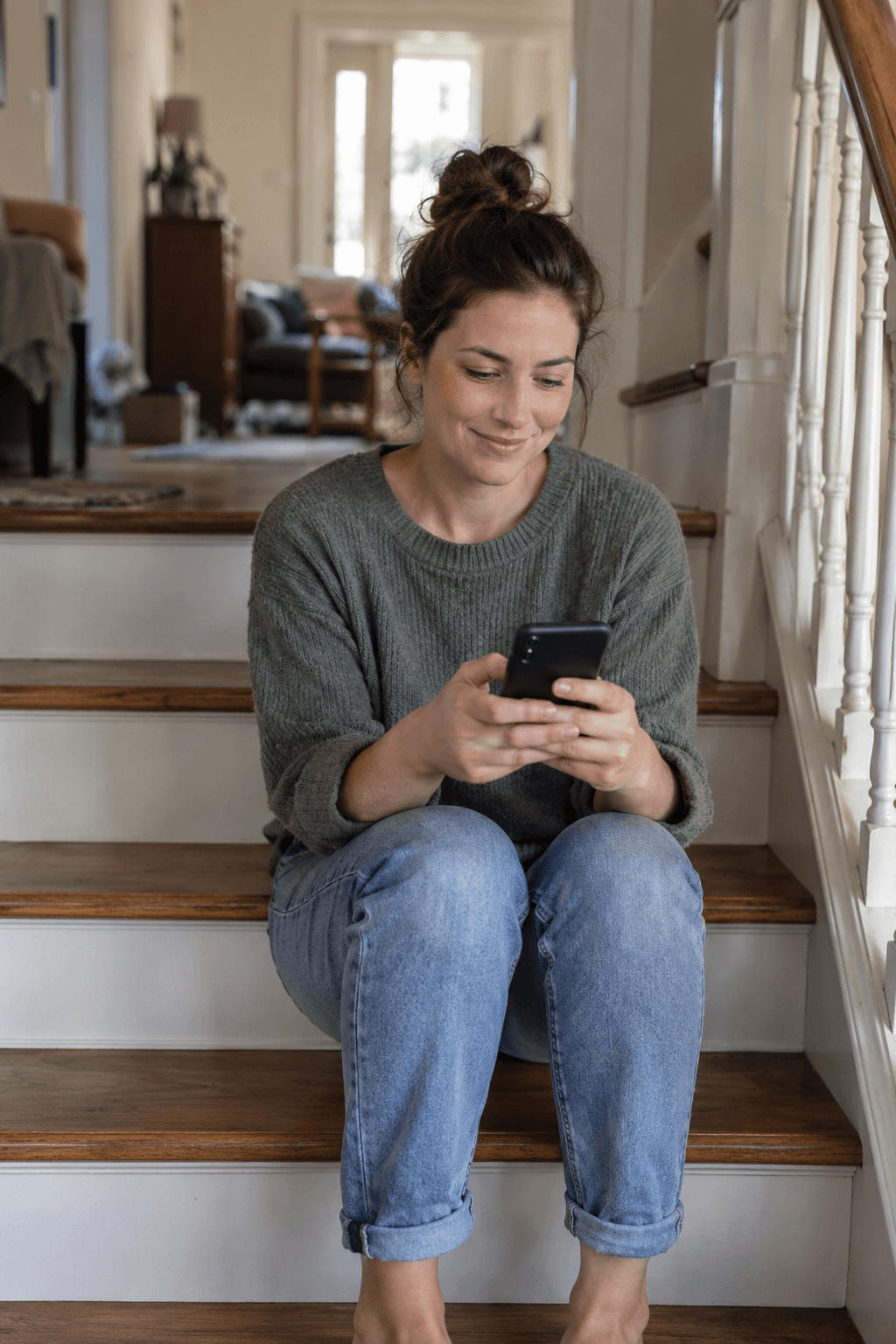 A homeowner sits on the stairs, calmly looking at their phone