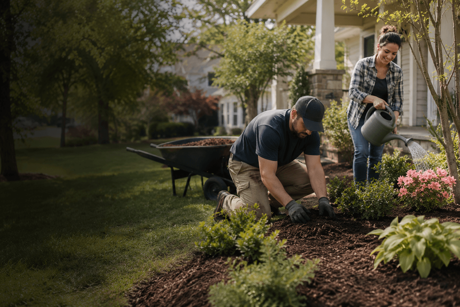 A landscaper spreads mulch in a front garden bed