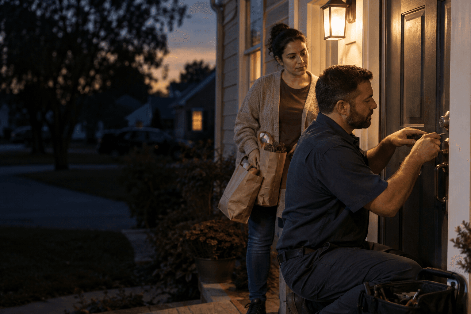 A locksmith works on a front-door deadbolt at dusk