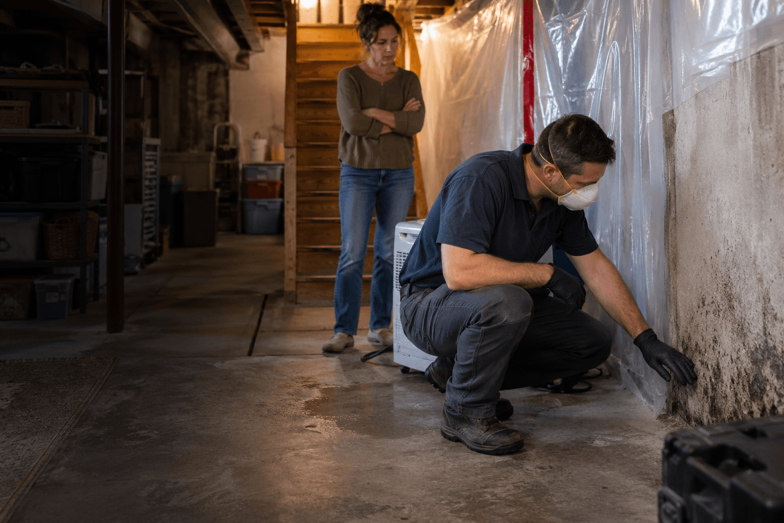 A remediation professional in a mask inspects spotting on a basement wall