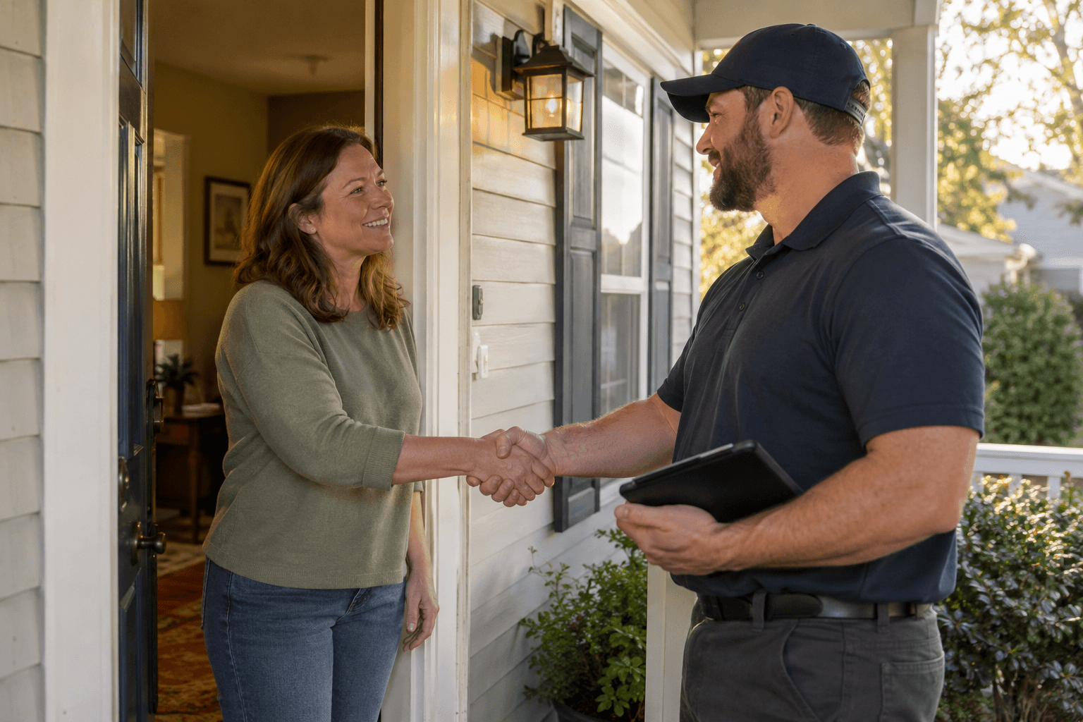 A homeowner and a service professional shake hands at the front door