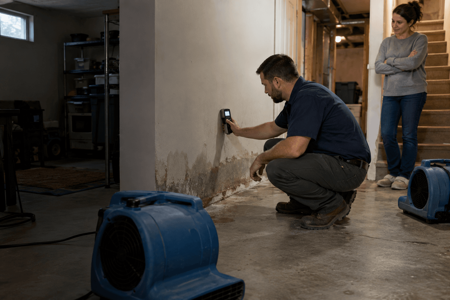 A restoration professional checks damp basement drywall with a moisture meter while drying fans run